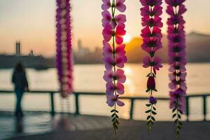 uma mulher é caminhando de uma rio com flores suspensão a partir de a água. gerado por IA foto