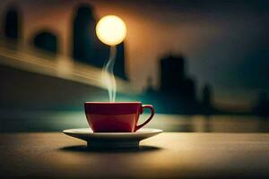 uma vermelho copo do café em uma mesa dentro frente do uma cidade Horizonte. gerado por IA foto