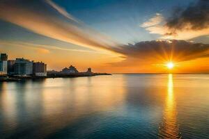 a Sol conjuntos sobre a cidade Horizonte dentro Cuba. gerado por IA foto