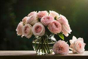 Rosa rosas dentro uma vaso em uma mesa. gerado por IA foto