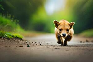 uma pequeno Castanho cachorro caminhando em uma estrada. gerado por IA foto