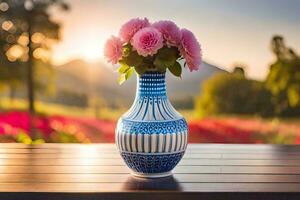 uma vaso com Rosa flores em uma mesa dentro frente do uma pôr do sol. gerado por IA foto