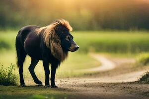 uma leão caminhando em uma sujeira estrada dentro a meio do uma campo. gerado por IA foto