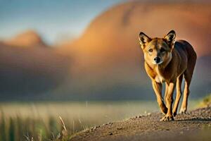 uma dingo caminhando em uma estrada dentro a deserto. gerado por IA foto