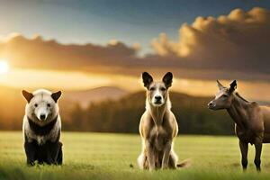 três cavalos e uma cachorro em pé dentro uma campo. gerado por IA foto