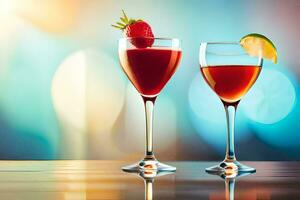 dois óculos do vermelho e branco bebidas com morangos. gerado por IA foto