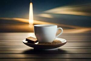 uma copo do café e uma chocolate Barra em uma de madeira mesa. gerado por IA foto