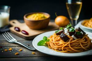 espaguete com almôndegas e legumes em uma de madeira mesa. gerado por IA foto