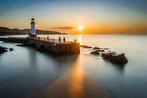 a Sol sobe sobre uma farol dentro a oceano. gerado por IA foto