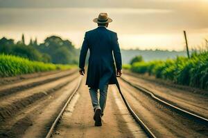 uma homem dentro uma terno e chapéu caminhando em uma trem acompanhar. gerado por IA foto