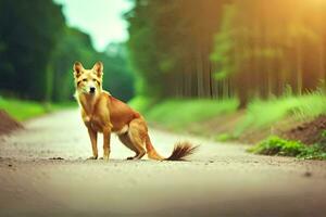 uma cachorro é em pé em a estrada dentro a meio do uma floresta. gerado por IA foto