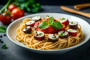 espaguete com beringela, tomates e manjericão folhas. gerado por IA foto
