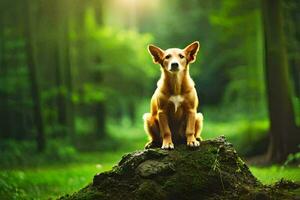 uma cachorro sentado em topo do uma toco dentro a madeiras. gerado por IA foto