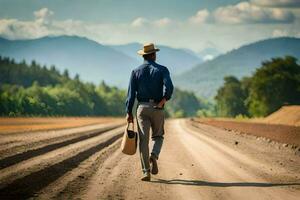 uma homem dentro uma chapéu anda em baixa uma sujeira estrada. gerado por IA foto