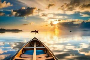 uma barco em a água às pôr do sol. gerado por IA foto