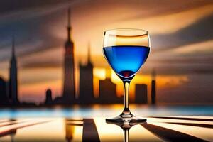 uma vidro do vinho com uma cidade Horizonte dentro a fundo. gerado por IA foto