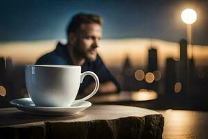 uma homem sentado às uma mesa com uma copo do café. gerado por IA foto