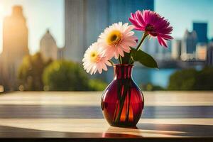 uma vaso com Rosa flores em uma mesa dentro frente do uma cidade Horizonte. gerado por IA foto