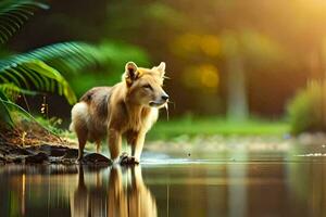 uma cachorro em pé dentro a água perto uma lago. gerado por IA foto