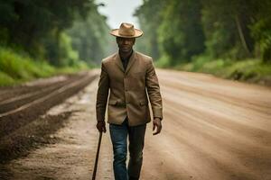 uma homem dentro uma chapéu e Jaqueta caminhando baixa uma sujeira estrada. gerado por IA foto