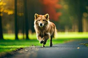 uma cachorro corrida em uma caminho dentro a madeiras. gerado por IA foto