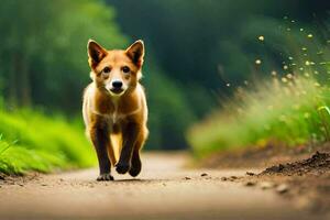 uma cachorro caminhando em uma sujeira estrada dentro a meio do uma campo. gerado por IA foto