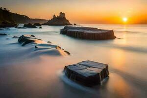 a Sol conjuntos sobre a oceano dentro isto grandes exposição fotografia. gerado por IA foto