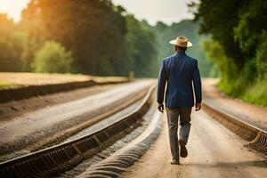 uma homem dentro uma terno e chapéu anda em baixa uma Ferrovia acompanhar. gerado por IA foto