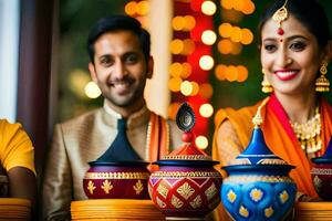 uma casal dentro tradicional indiano vestuário estão segurando potes. gerado por IA foto