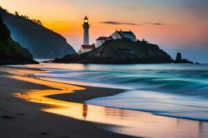 uma farol senta em a de praia às pôr do sol. gerado por IA foto