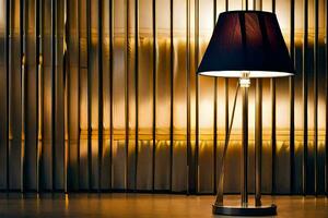 uma luminária é em uma mesa dentro frente do uma cortina. gerado por IA foto