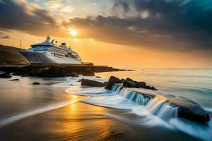 uma cruzeiro navio em a oceano às pôr do sol. gerado por IA foto