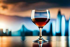 uma vidro do vinho em uma mesa dentro frente do uma cidade Horizonte. gerado por IA foto