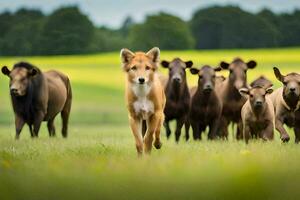 uma cachorro corrida dentro uma campo com uma rebanho do gado. gerado por IA foto