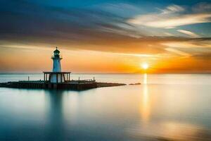 uma farol carrinhos em a costa do a oceano às pôr do sol. gerado por IA foto