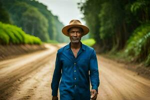 uma homem dentro uma chapéu caminhando baixa uma sujeira estrada. gerado por IA foto