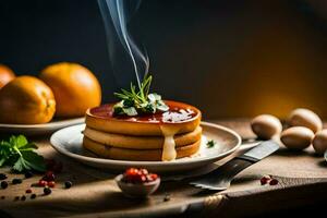 panquecas com molho e legumes em uma placa. gerado por IA foto