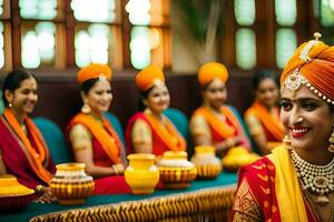 uma noiva dentro tradicional indiano vestuário com dela damas de honra. gerado por IA foto