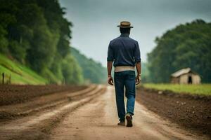 uma homem caminhando baixa uma sujeira estrada com uma chapéu sobre. gerado por IA foto