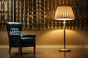 uma cadeira e luminária dentro uma quarto com uma muro. gerado por IA foto