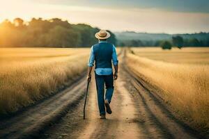 uma homem caminhando baixa uma sujeira estrada com uma bengala. gerado por IA foto