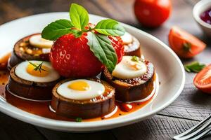 uma prato com ovos, tomates e morangos. gerado por IA foto