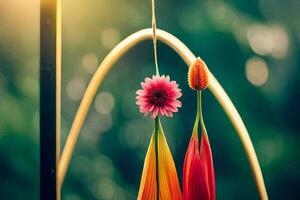 dois colorida flores suspensão a partir de uma arame. gerado por IA foto