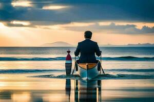 uma homem dentro uma terno é remar uma barco em a oceano. gerado por IA foto