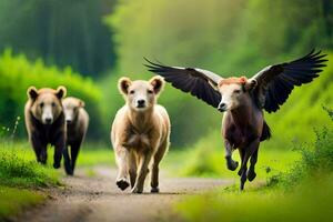 três Castanho ursos corrida em uma sujeira estrada. gerado por IA foto