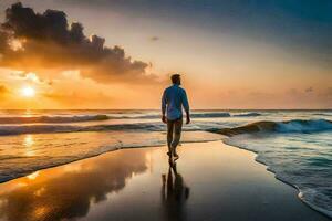 uma homem caminhando em a de praia às pôr do sol. gerado por IA foto