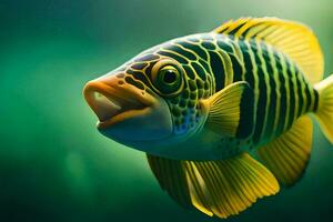 uma peixe com uma grande boca e uma amarelo e Preto corpo. gerado por IA foto