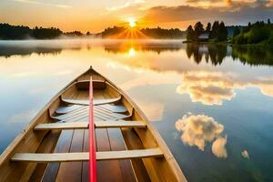 uma canoa é flutuando em uma calma lago às pôr do sol. gerado por IA foto