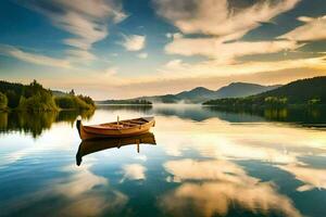 uma barco é flutuando em uma calma lago às pôr do sol. gerado por IA foto