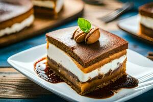 uma peça do chocolate bolo com creme e nozes. gerado por IA foto